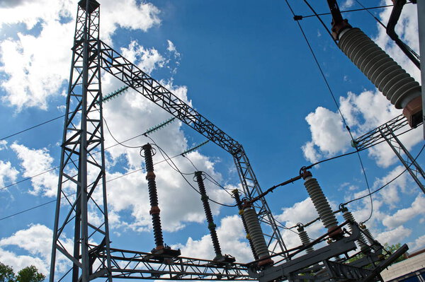 Petropavlovsk, Kazakhstan - 05.26.2015 : High-voltage transmission lines with insulators, coils and distribution blocks.