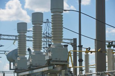 Nur-Sultan, Kazakhstan - 05.28.2015 : High-voltage power lines with insulators, stabilizers and transformers.