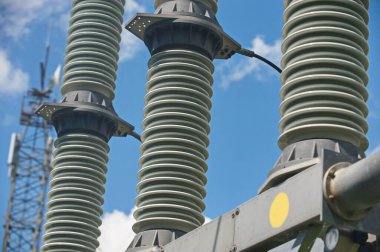 Nur-Sultan, Kazakhstan - 05.28.2015 : High-voltage power lines with insulators, stabilizers and transformers.