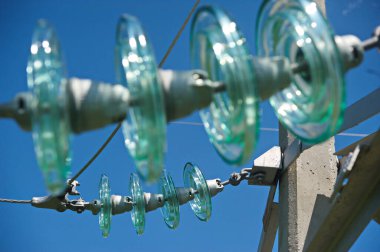 Nur-Sultan, Kazakhstan - 05.28.2015 : High-voltage power lines with insulators, stabilizers and transformers.