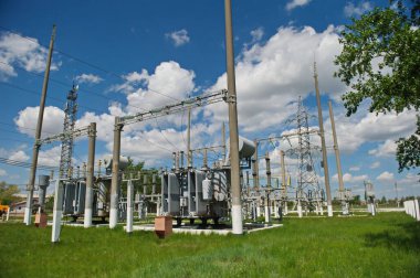 Nur-Sultan, Kazakhstan - 05.28.2015 : High-voltage power lines with insulators, stabilizers and transformers.