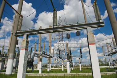 Nur-Sultan, Kazakhstan - 05.28.2015 : High-voltage power lines with insulators, stabilizers and transformers.