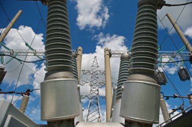 Nur-Sultan, Kazakhstan - 05.28.2015 : High-voltage power lines with insulators, stabilizers and transformers.