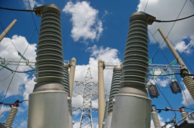 Nur-Sultan, Kazakhstan - 05.28.2015 : High-voltage power lines with insulators, stabilizers and transformers.