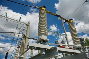 Nur-Sultan, Kazakhstan - 05.28.2015 : High-voltage power lines with insulators, stabilizers and transformers.