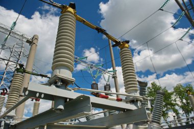 Nur-Sultan, Kazakhstan - 05.28.2015 : High-voltage power lines with insulators, stabilizers and transformers.