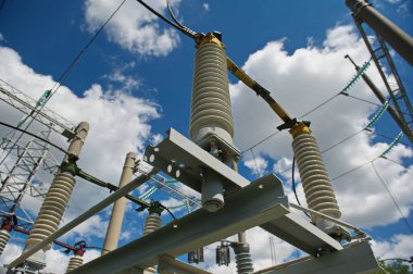 Nur-Sultan, Kazakhstan - 05.28.2015 : High-voltage power lines with insulators, stabilizers and transformers.