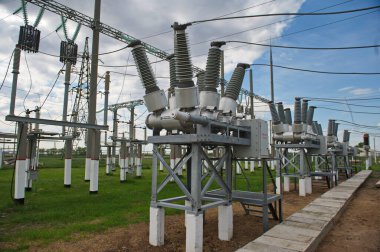 Nur-Sultan, Kazakhstan - 05.28.2015 : High-voltage power lines with insulators, stabilizers and transformers.