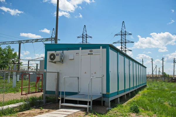 Nur-Sultan, Kazakhstan - 05.28.2015 : High-voltage power lines with insulators, stabilizers and transformers.