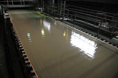 Almaty, Kazakistan - 07.01.2016: Fabrikada karton üretimi için sıvı karışım içeren taşıma bandı.