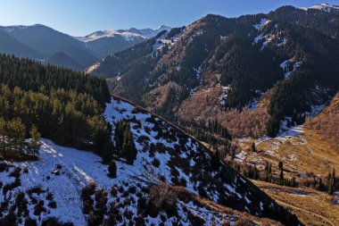 Ile-Alatau Ulusal Doğa Parkı. Tien Shan Dağları, farklı bitki örtüsüne sahip bir bölge, Kasım. İnsansız hava aracının görüntüsü.