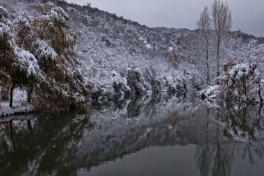 İlk kardan sonra asker gölü. Dağlık bir alanda çeşitli bitkilerle dolu bir göl. Kasım.