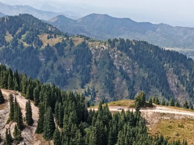 Oi-Karagai Geçidi. Farklı bitki örtüsü olan dağlık bir bölge. Ile-Alatau Milli Parkı.