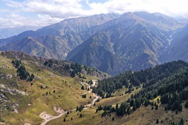Oi-Karagai Geçidi. Farklı bitki örtüsü olan dağlık bir bölge. Ile-Alatau Milli Parkı.
