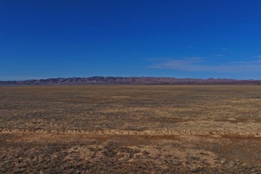 Ufukta tepeler olan büyük bir tarla. Otlak ve tarım arazisi.
