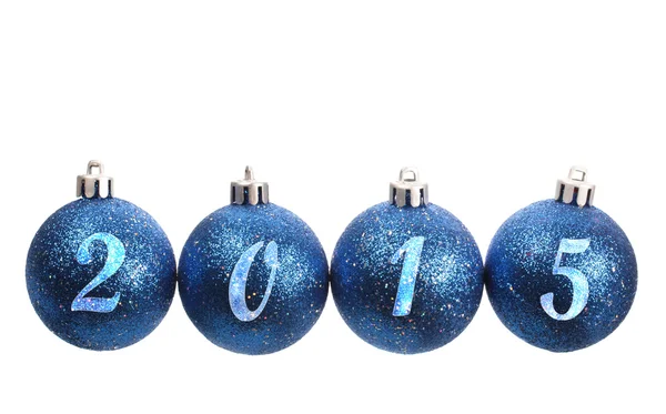 Quatro bolas de Natal spangled azul dispostas no ano de 2015 — Fotografia de Stock