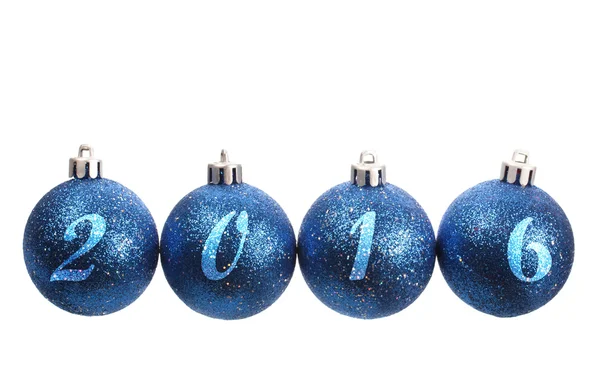 Quatro bolas de Natal spangled azul dispostas no ano de 2016 — Fotografia de Stock