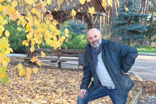 Gammal Man Med Skägg Höstparken Varmt Väder Avknäppt Jacka — Stockfoto