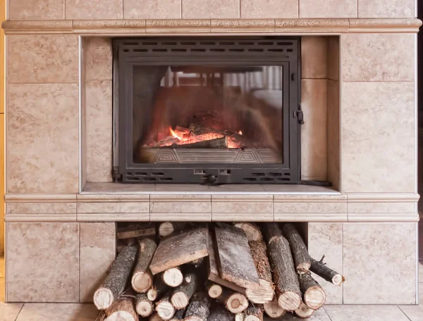 Fireplace Closed Glass Door Firewood Prepared Tossing — Stock Photo, Image