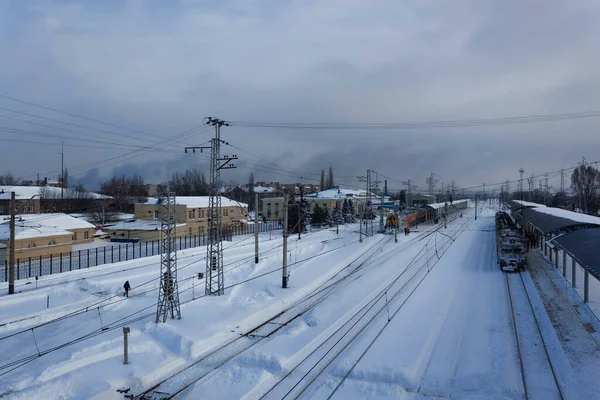 Det Var Mycket Snö Järnvägsstationen Sloviansk Januari 2018 Fortfarande Gick — Stockfoto