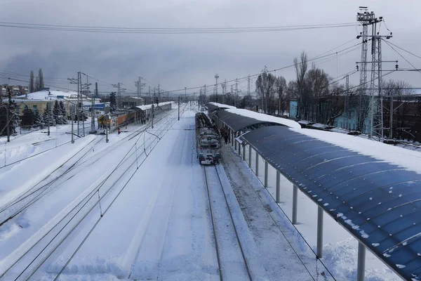 Det Var Mycket Snö Järnvägsstationen Sloviansk Januari 2018 Fortfarande Gick — Stockfoto