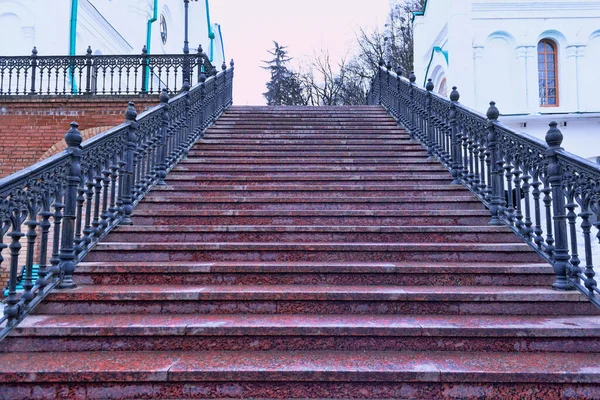 Staircase Granite Steps Shaped Metal Handrails Leading Cathedral — Stock Photo, Image