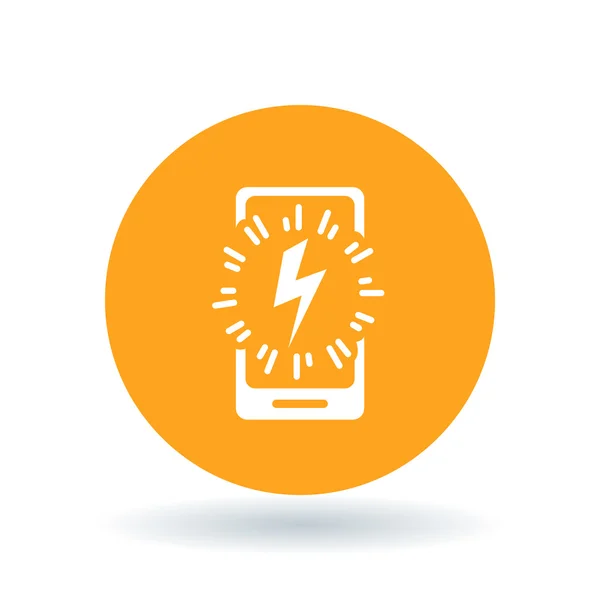 Smartphone icono de carga de energía. Señal del rayo del teléfono celular. Símbolo del rayo móvil. Icono de carga de energía de teléfono inteligente blanco sobre fondo de círculo naranja. Ilustración vectorial . Gráficos Vectoriales