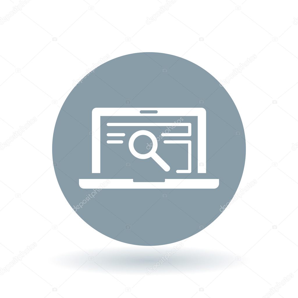 Search laptop icon. Magnifying glass with notebook sign. Analyze laptop symbol. Vector illustration.