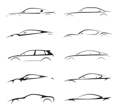 Kavram supercar, spor araba ve sedan otomobil siluet ayarlayın. Vektör çizim.