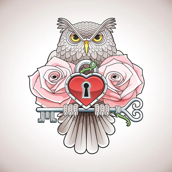 Hermoso diseño de tatuaje en color de un búho sosteniendo una llave con un medallón de corazón y rosas rosadas . — Vector de stock