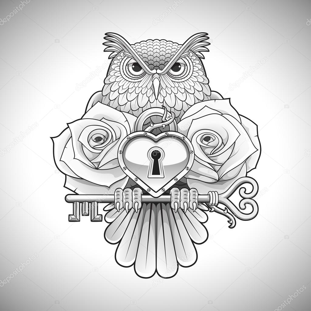Disegno del tatuaggio nero bellissimo di un gufo che tiene un tasto con un medaglione cuore