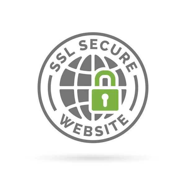 Secure SSL website icon. Grey globe with green padlock sign. — Stock Vector