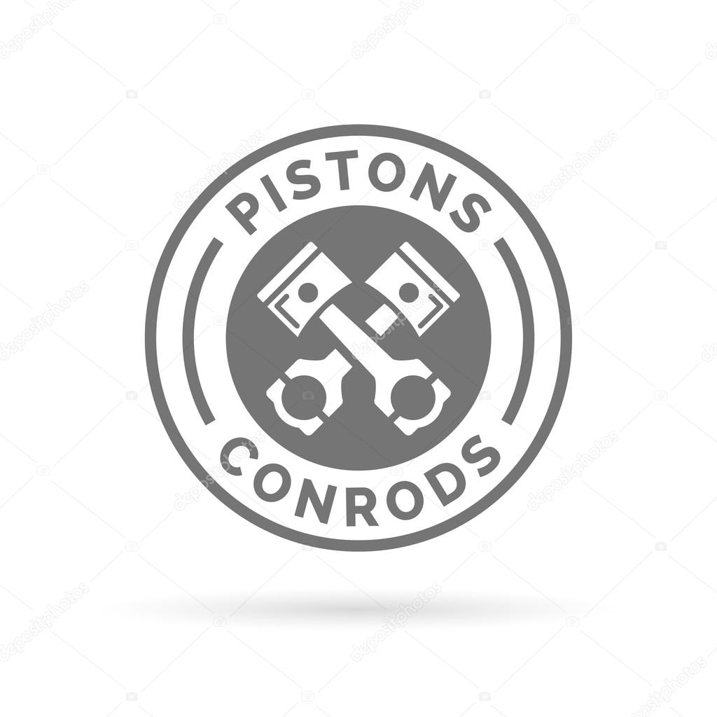 Pistons and conrods icon. Pistons and rods sign. Car parts symbol. White pistons and conrods emblem in grey circle on white background. Vector illustration.