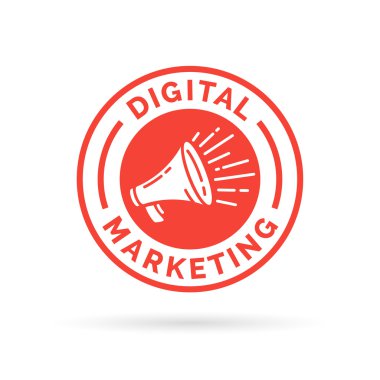 Digital marketing badge with red promotion loudspeaker / megaphone symbol. clipart