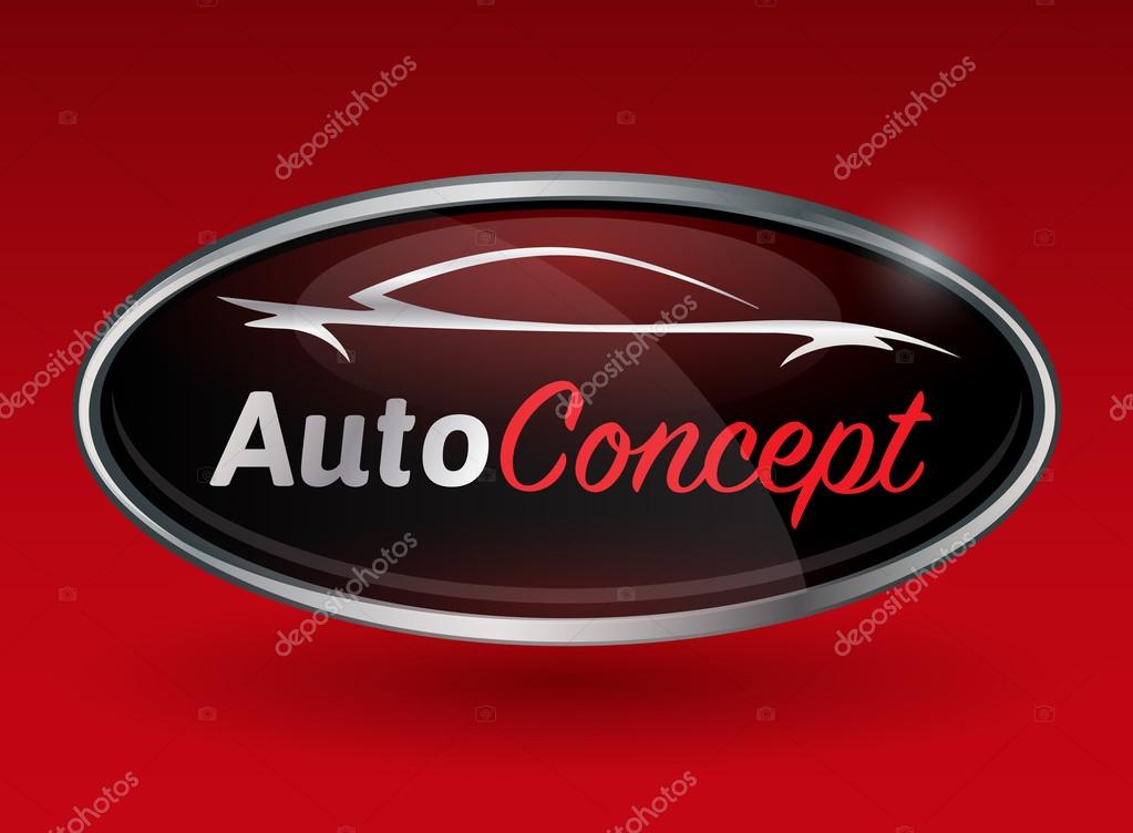 Concept automotive logo design with chrome badge of sports car vehicle silhouette on red background. Vector illustration.