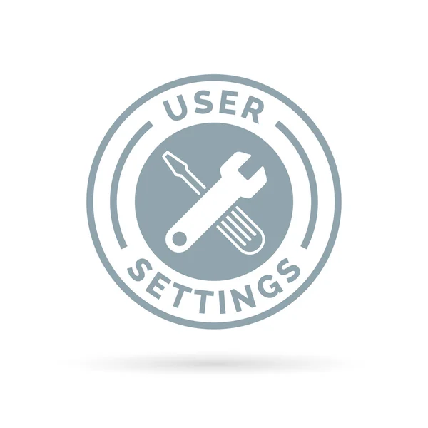Signo de crachá de configurações de usuário com silhueta de ícone de ferramentas de configuração de chave . — Vetor de Stock