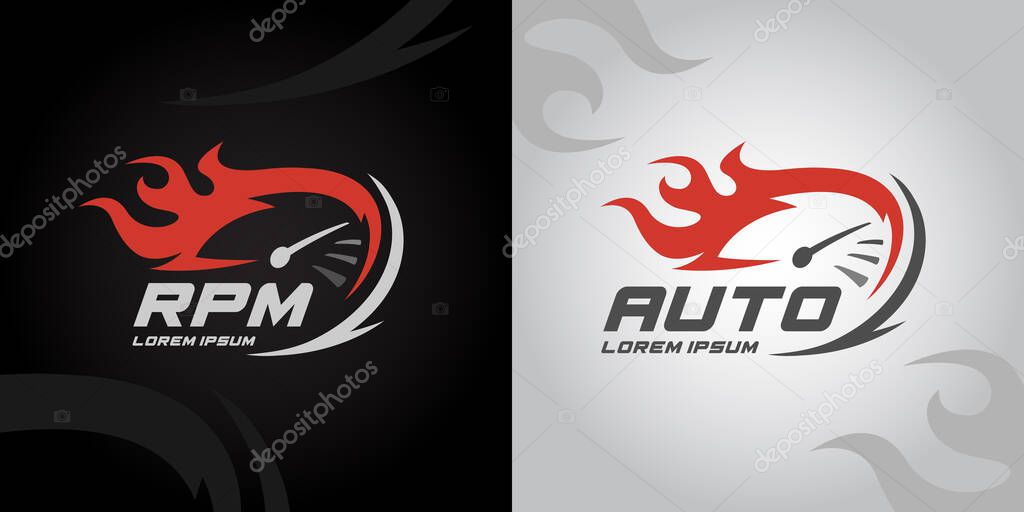 Speedometer RPM gauge icon. Auto speed logo with racing flame. Instrument cluster performance sign. Vector illustration.