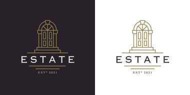 Vintage royal door line icon. Classic luxury estate realty company logo emblem. Old property facade doorway entrance sign. Vector illustration.