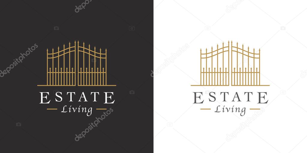 Vintage steel gate line icon. Upmarket lifestyle security estate symbol. Luxury real estate logo. Classic wrought iron property entrance sign. Vector illustration.