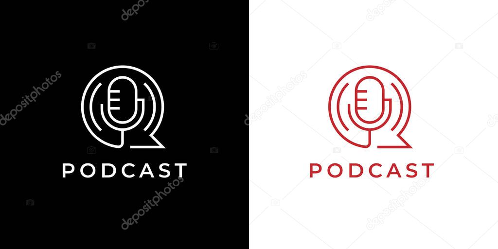 Podcast logo. Microphone line icon. Speech mic symbol. Radio talk show sign. Vector illustration.