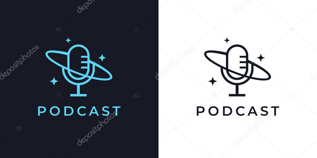 Night time podcast logo. Cosmos microphone line icon. Space mic symbol. Late night radio talk show sign. Vector illustration.