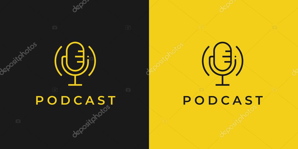 Podcast logo. Classic microphone line icon. Studio mic symbol. Radio talk show sign. Vector illustration.