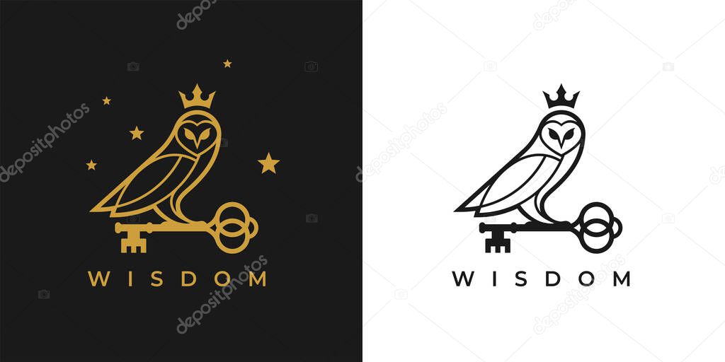 Owl with key and crown logo icon. Concept wisdom symbol. knowledge sign. Vector illustration.