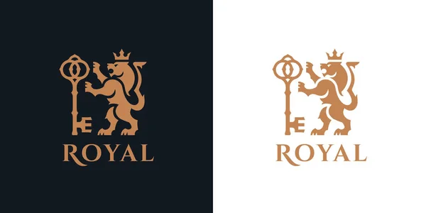 Logotipo Heráldica León Cresta Animal Oro Real Símbolo Con Llave — Vector de stock