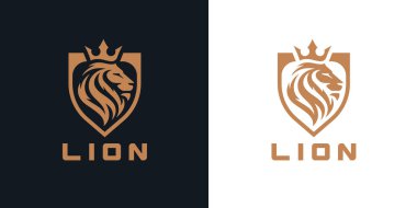Aslan başlı kalkan logosu. Kraliyet altın taç sembolü. Premium King hayvan işareti. Vektör illüstrasyonu.