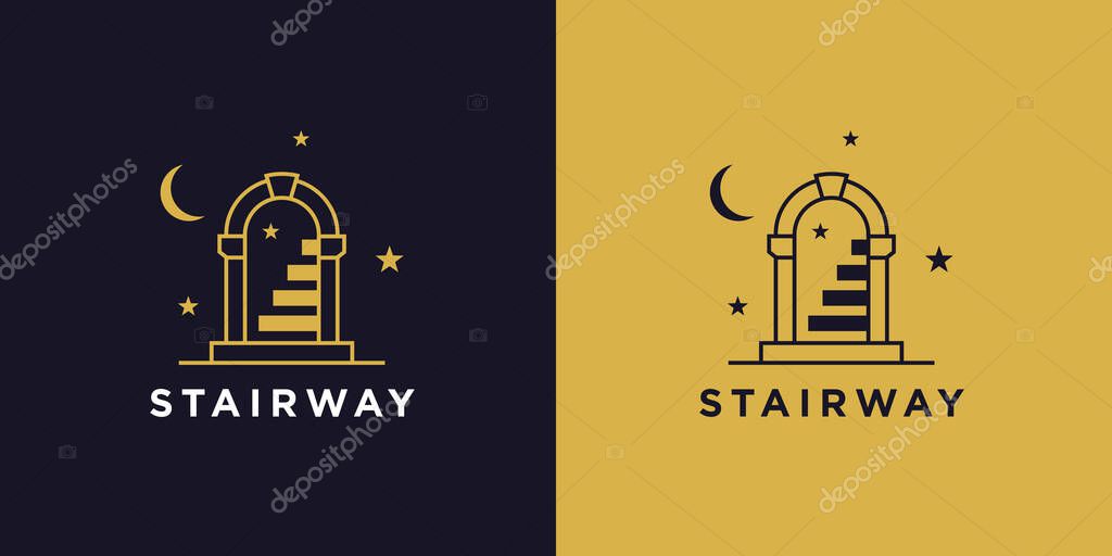 Magic door stairway logo. Doorway stairs line icon. Old staircase with night stars and moon sign. Vector illustration.