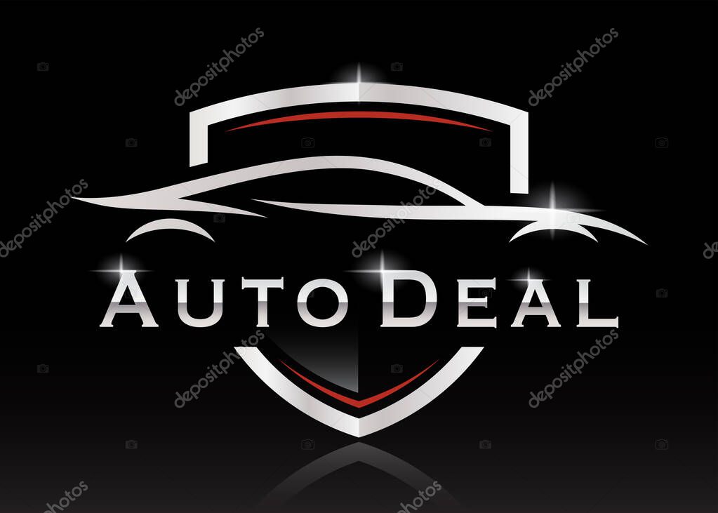 Sports car silhouette shield logo. Performance supercar motor vehicle dealership sign. Auto deal garage badge icon. Vector illustration.