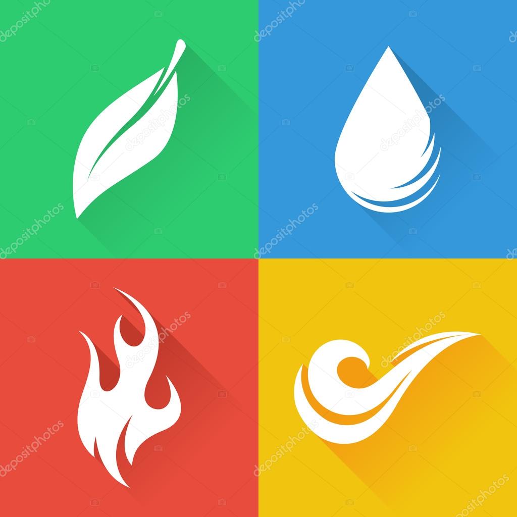 Illustrations Of Four Natural Elements Of Fire, Water, Wind And