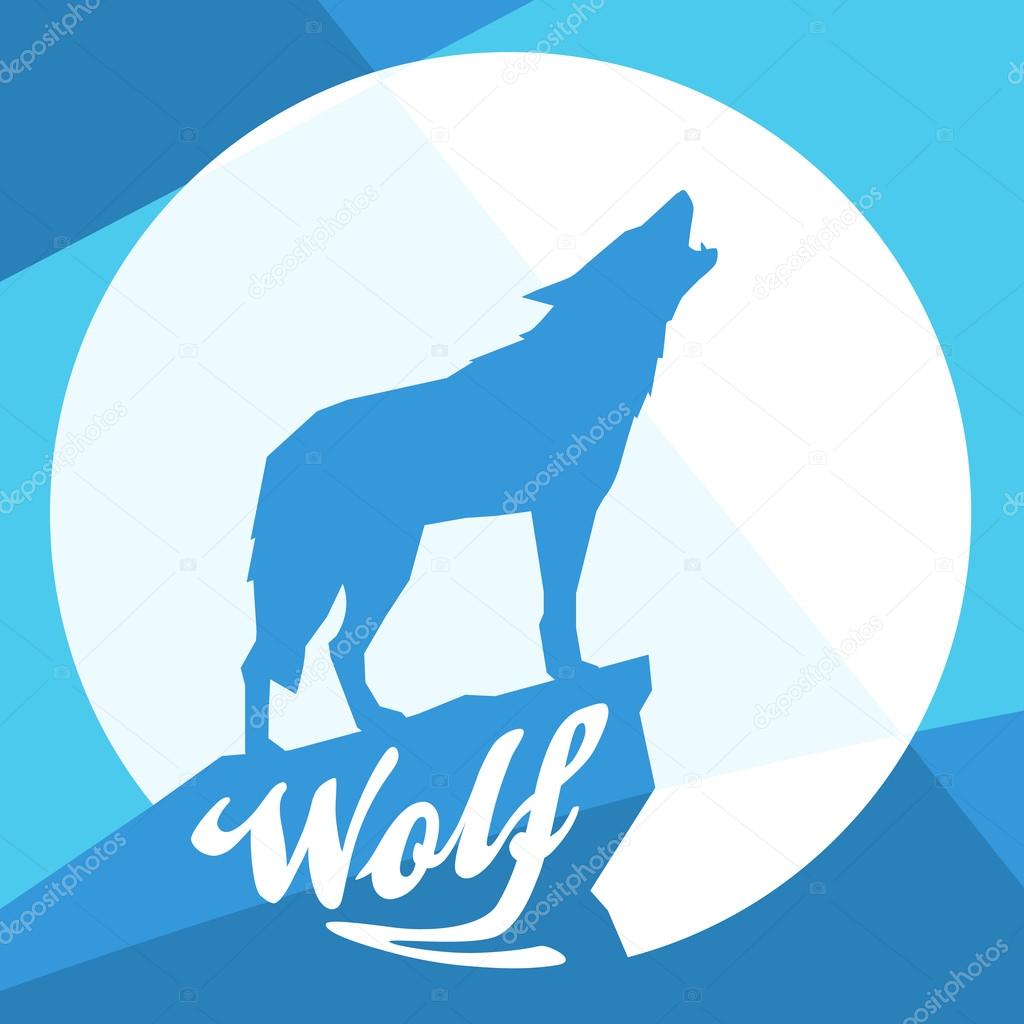 Full Moon with Howling Wolf Silhouette on Flat Abstract Blue Design
