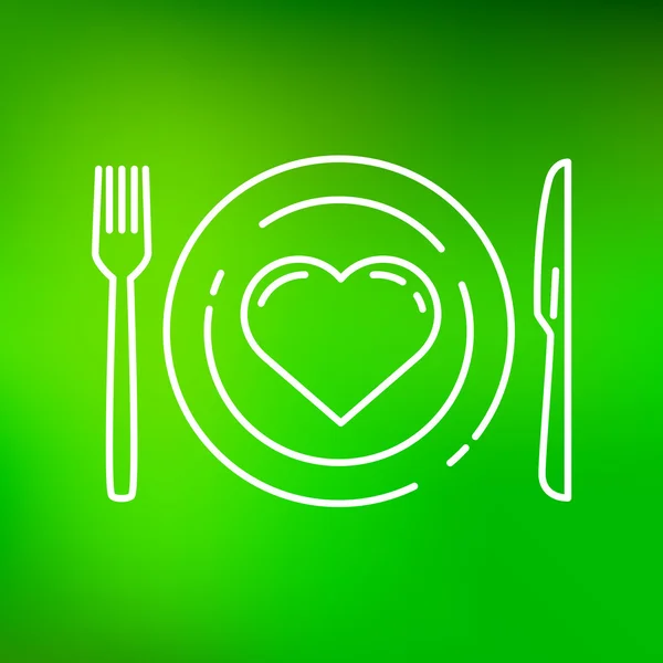 Conceito comer ícone saudável com coração, faca, garfo e prato — Vetor de Stock